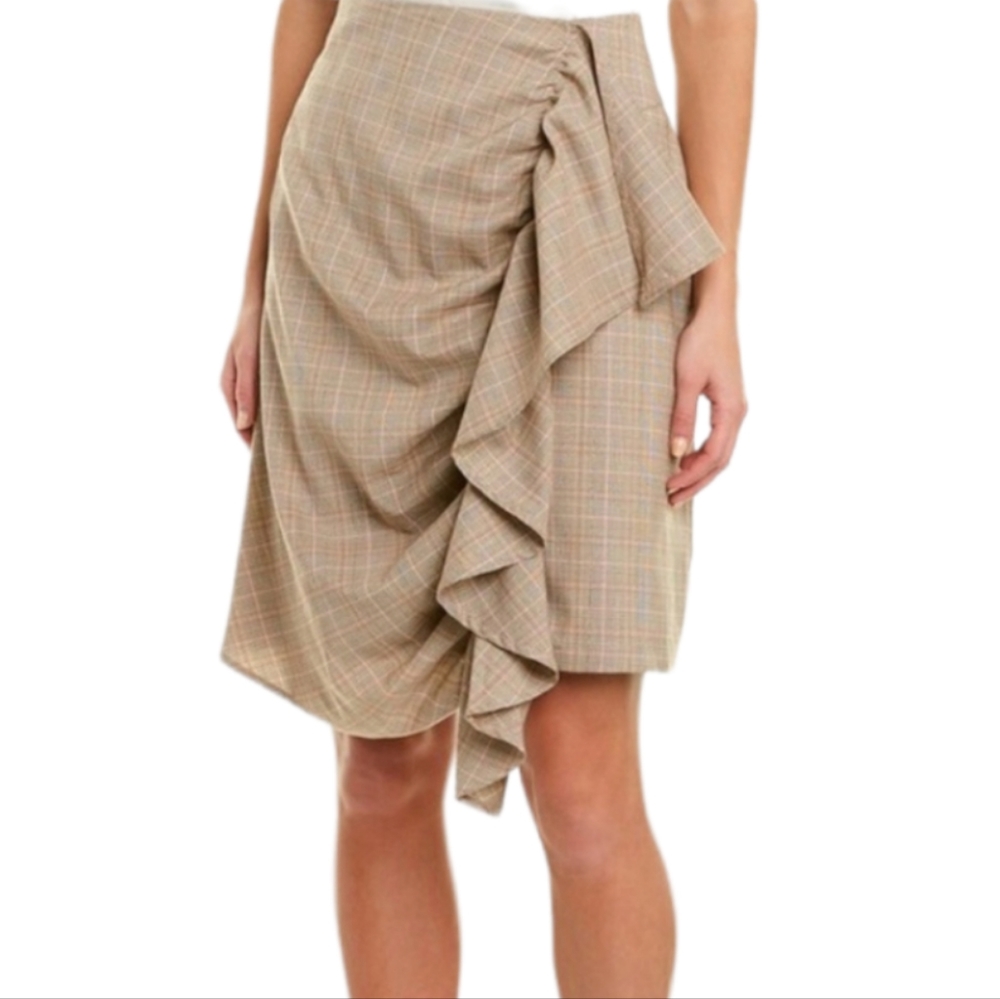 TOWOWGE S BROWN & PINK PLAID RUFFLED ASYMMETRICAL SKIRT